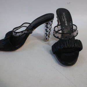 Authentic Yves Saint Laurent Ruched Leather Lucite Gem Strappy Heels 37.5 US/7.5